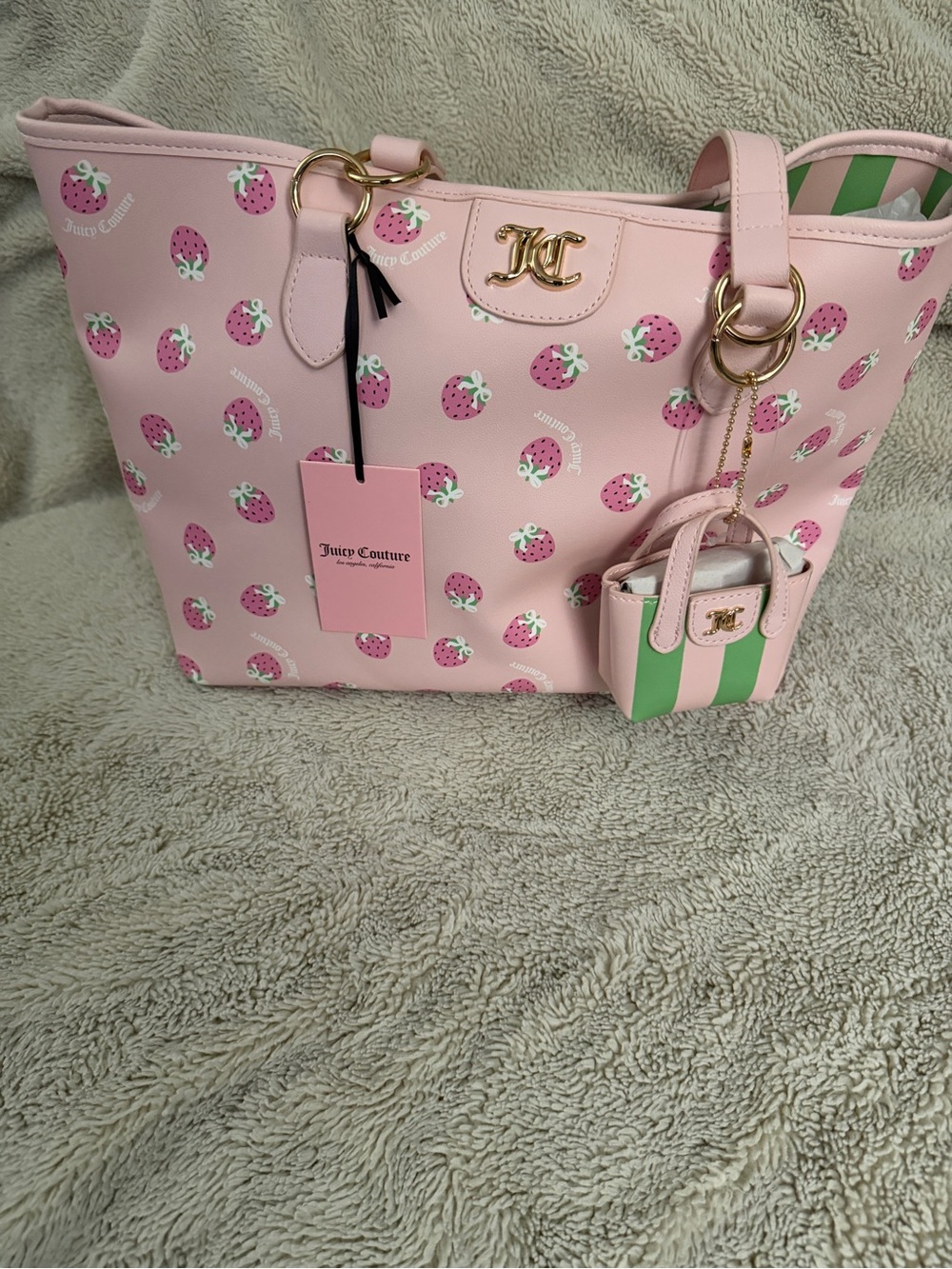 Juicy Couture Pink Strawberry Print Tote with Green-Striped Mini Charm